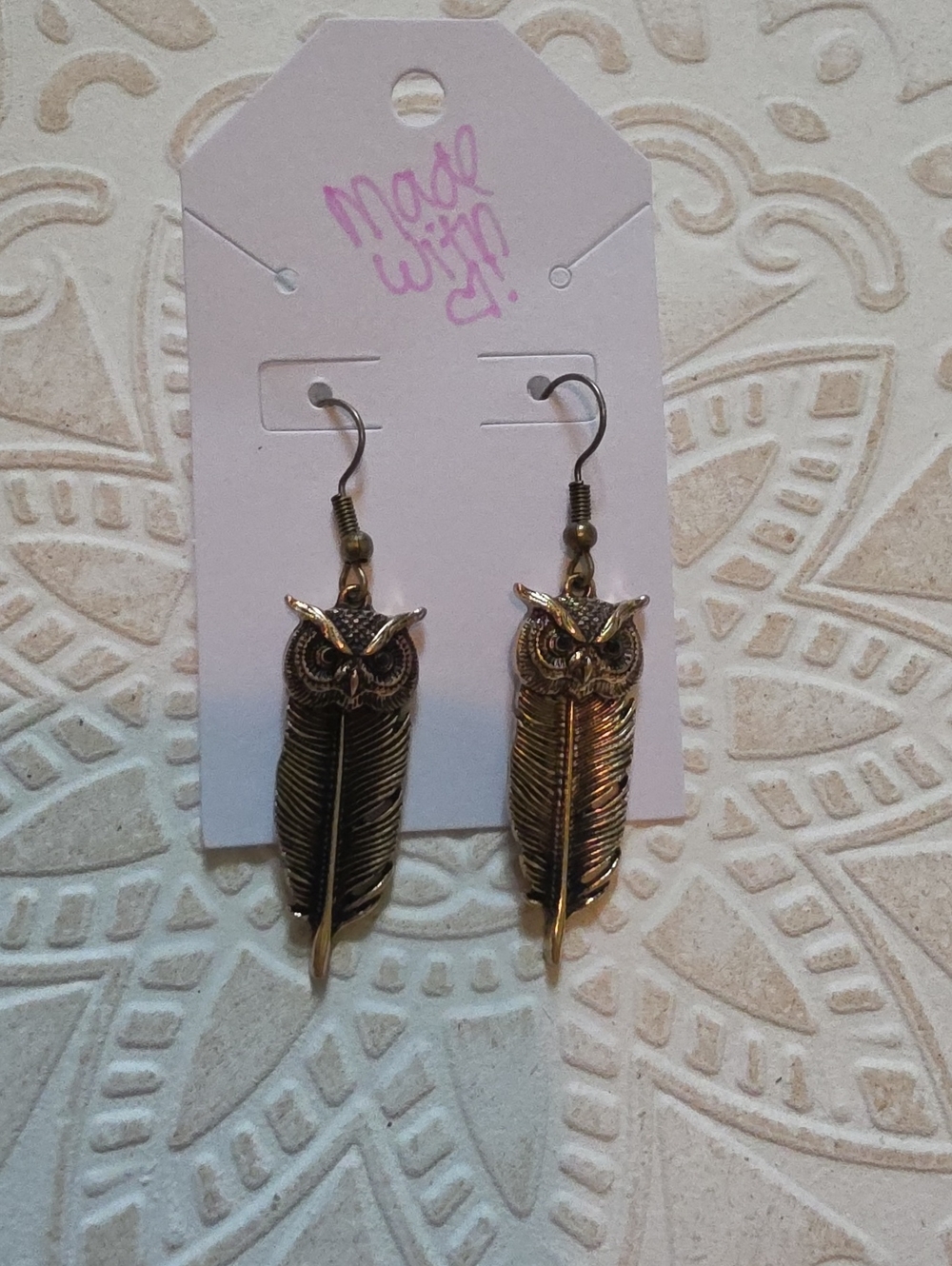 Brass Plated Owl Feather Drop Earrings Handmade